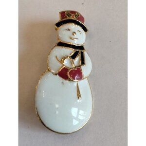 Snowman Woman Winter Pin Brooch Red hat  Scarf Gold Cane Enamel